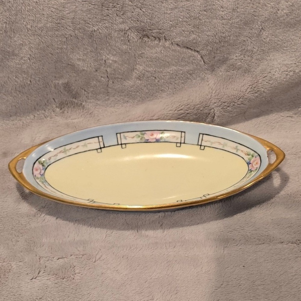 Royal Rudolstadt Prussia Porcelain Celery Dish Pink Roses Gold Gilded Tray 8.75"